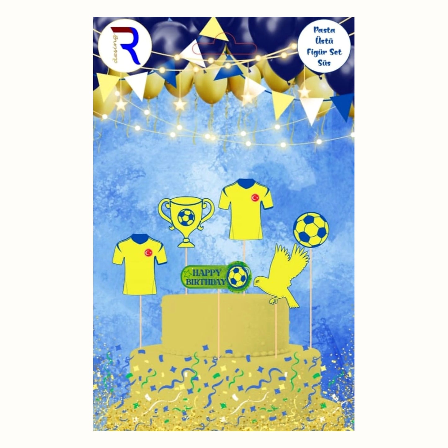 Sarı Lacivert Futbol Temalı Pasta Üstü Süs Seti