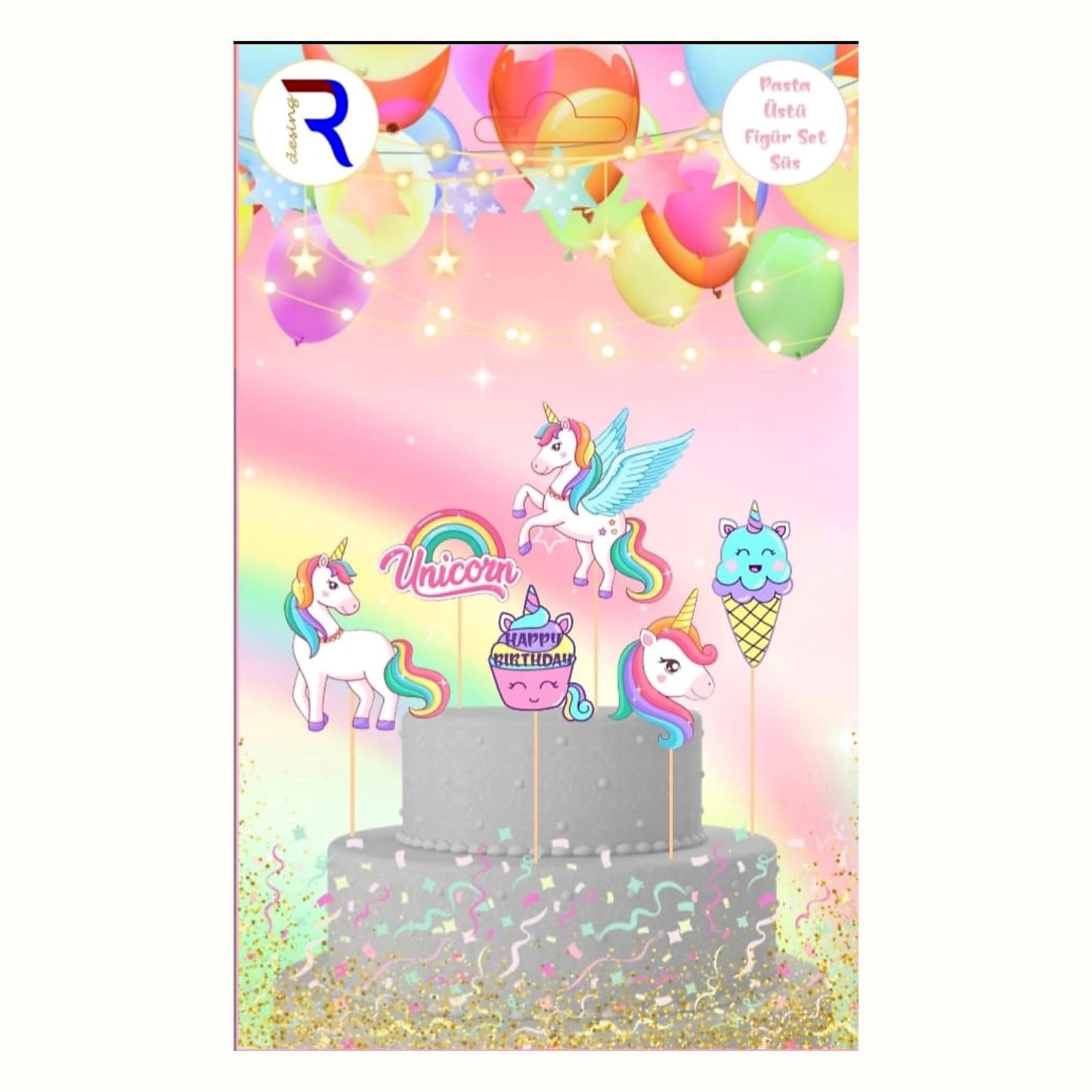 Unicorn Temalı Pasta Üstü Süs Seti