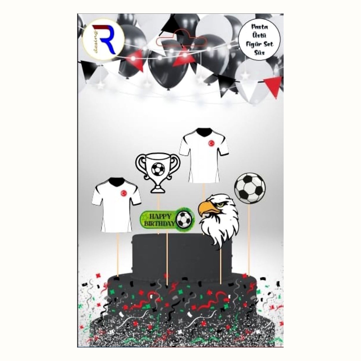 Siyah Beyaz Futbol Temalı Pasta Üstü Süs Seti