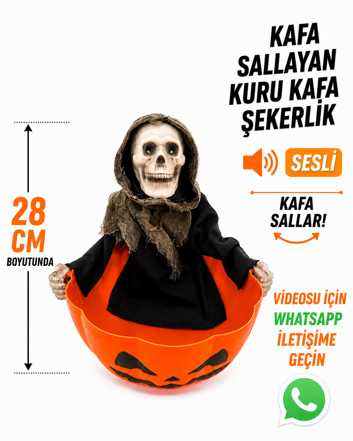 Halloween kafa sallayan sesli kuru kafa şekerlik 28 cm