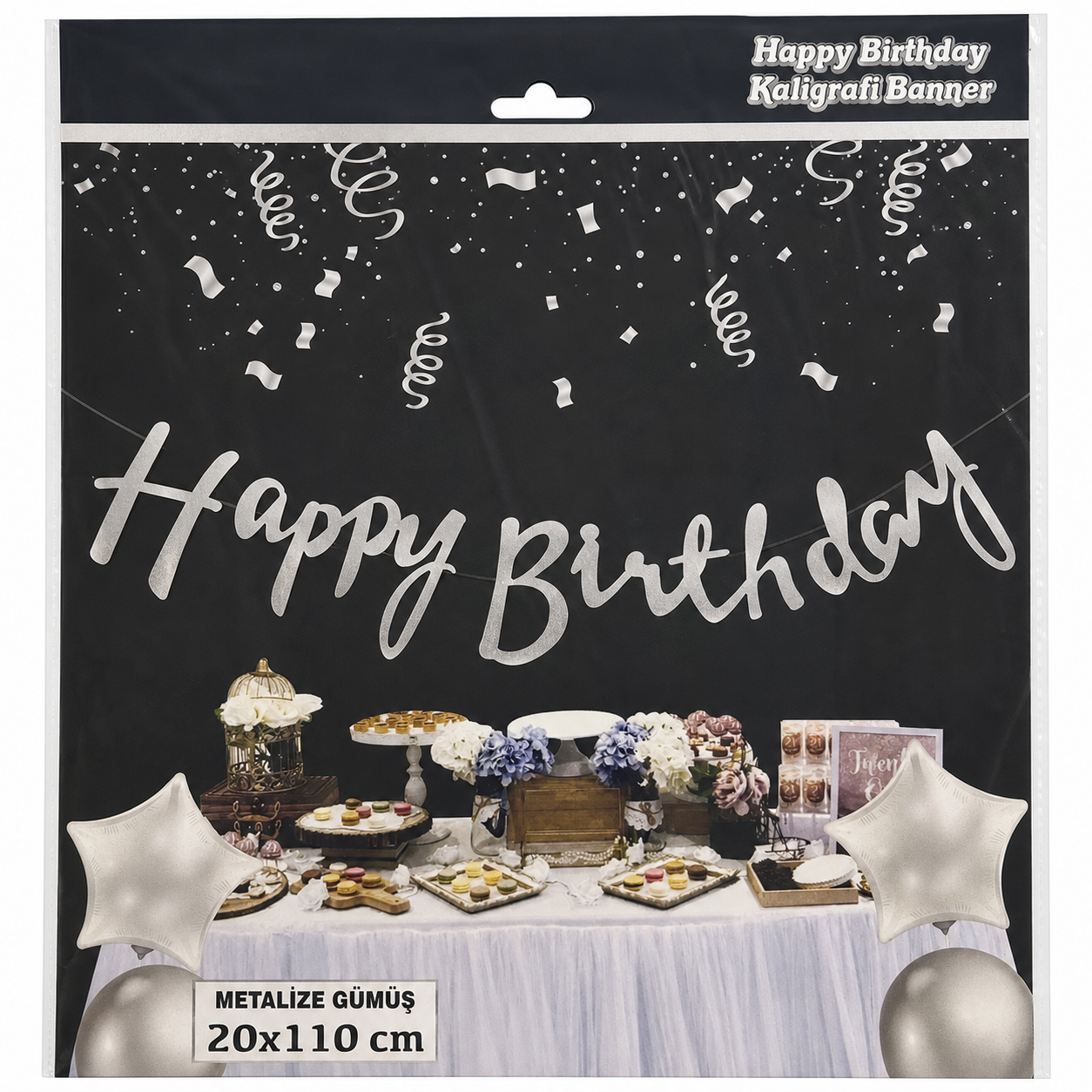 Metalik Gümüş Happy Birthday Kaligrafi Banner 20x110 cm