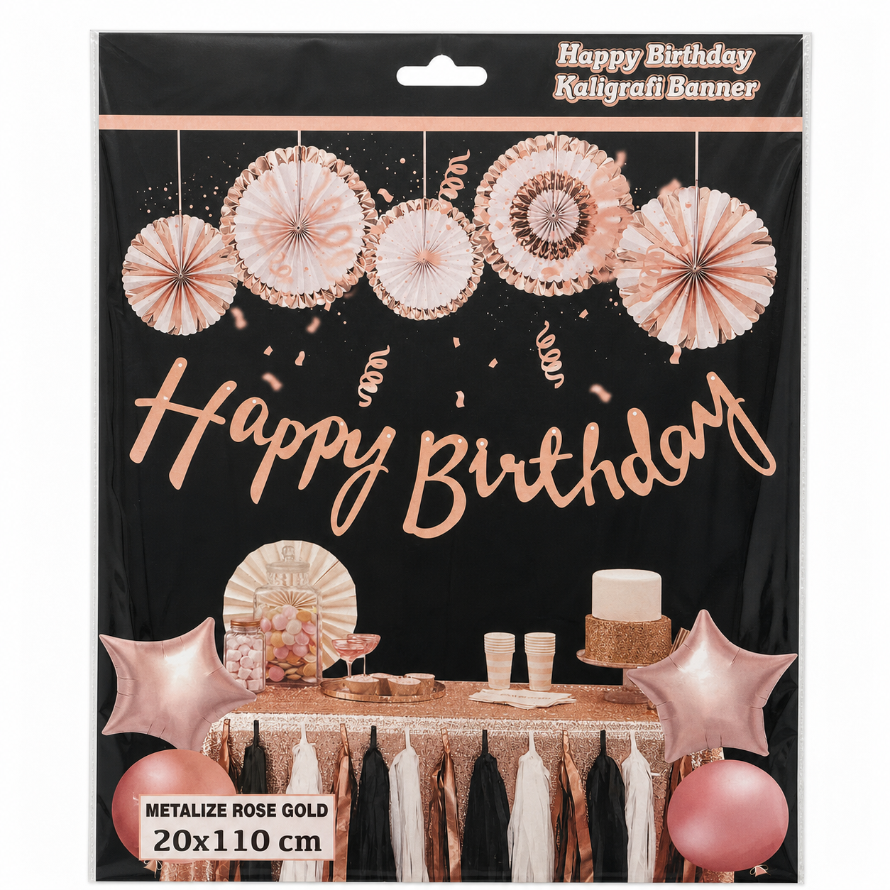 Rose Gold Happy Birthday Kaligrafi Banner 20x110 cm