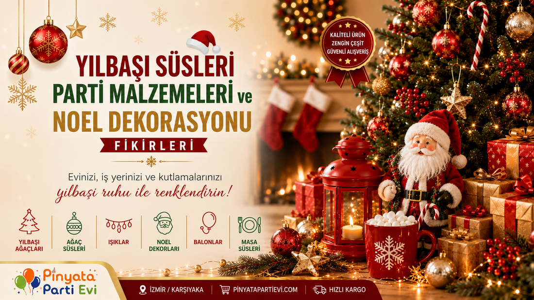 Yılbaşı ağacı, Noel Baba figürü, hediye kutuları ve yılbaşı süsleriyle hazırlanmış yeni yıl dekorasyonu ve parti malzemeleri.