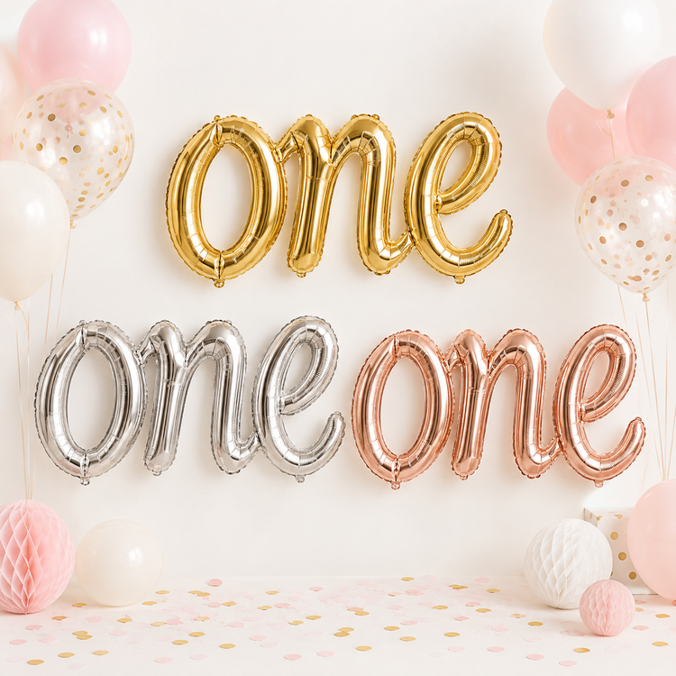 Gold, gümüş ve rose gold el yazılı one folyo balonlar