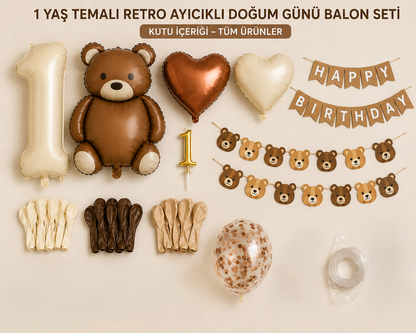 1-9 Yaş Retro Ayıcık Doğum Günü Balon Seti – Krem ve Kahverengi
