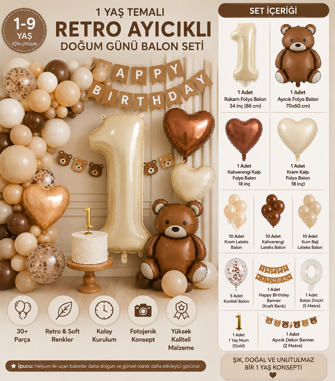 1-9 Yaş Retro Ayıcık Doğum Günü Balon Seti – Krem ve Kahverengi