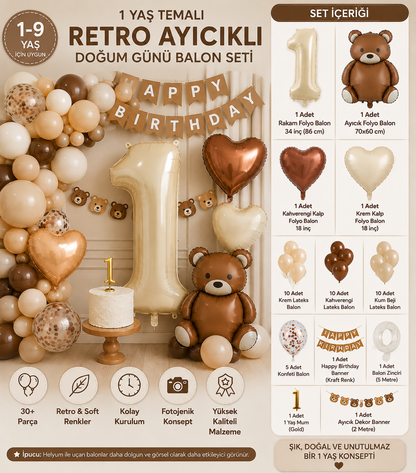 1-9 Yaş Retro Ayıcık Doğum Günü Balon Seti – Krem ve Kahverengi