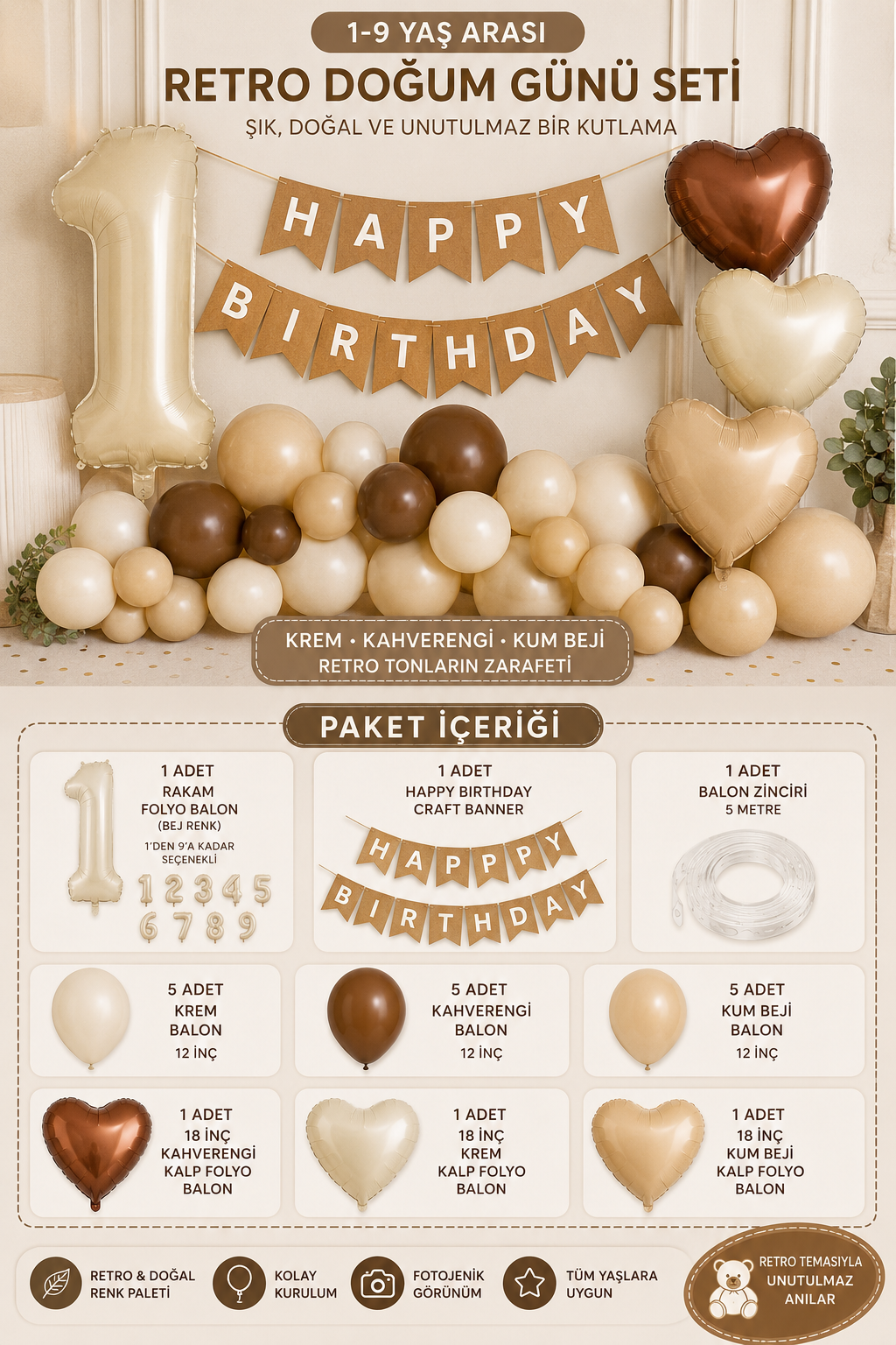 1-9 Yaş Retro Doğum Günü Balon Seti – Krem, Kahverengi ve Kum Beji