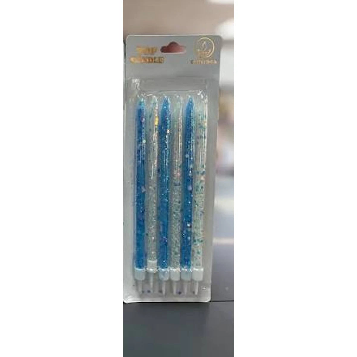 16 cm 6'lı Simli Uzun Pasta Mumu – Mavi Gümüş