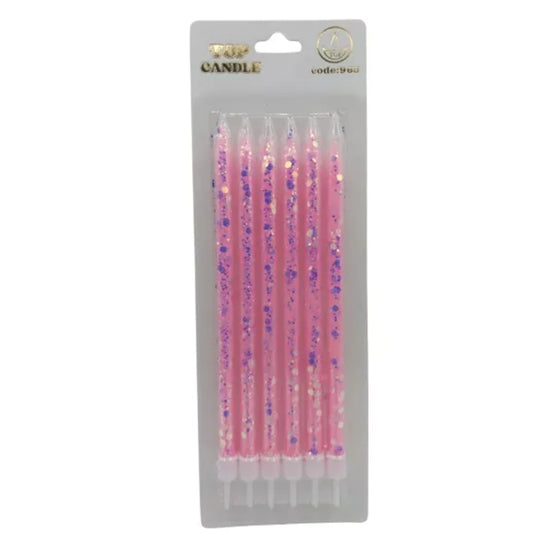 16 cm 6'lı pembe simli uzun pasta mumu