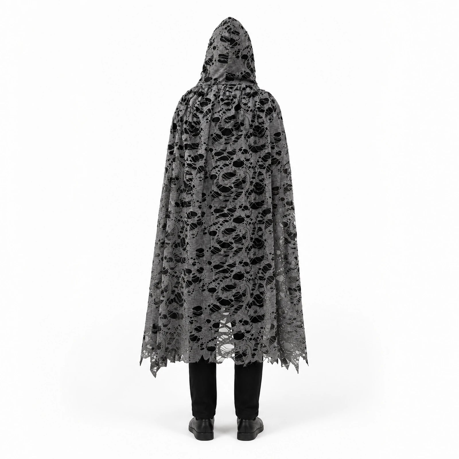 Yetişkin için 160 cm gri eskitme dokulu kapüşonlu lüks Halloween pelerini