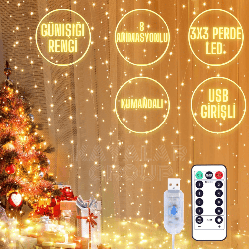3 x 3 Metre Gün Işığı Perde LED – 300 LED, USB ve Kumandalı