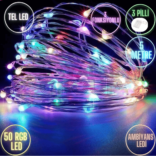 5 Metre RGB Renkli Peri LED – 50 LED, 3 Pilli