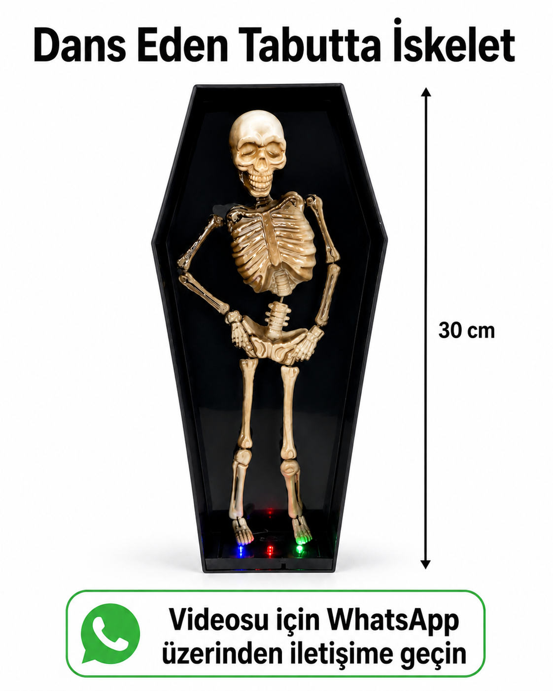Halloween ışıklı hareketli dans eden tabutta iskelet 30 cm