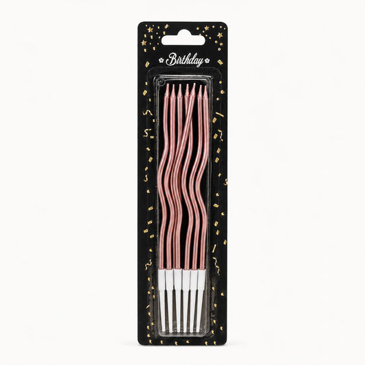 6'lı rose gold renkli bükümlü uzun doğum günü pasta mumu paketi