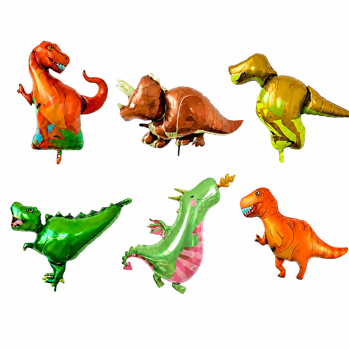 Turuncu, yeşil ve kahverengi altı farklı figürden oluşan 35 cm dinozor folyo balon seti.