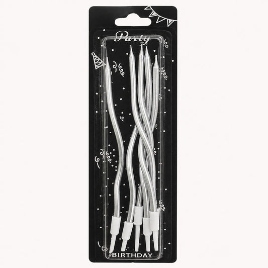 6'lı gümüş renkli bükümlü uzun doğum günü pasta mumu paketi