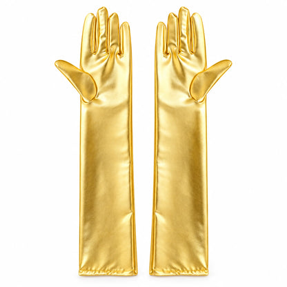 Beyaz zeminde yan yana duran altın renk 40 cm parlak saten dirsek altı eldiven çifti