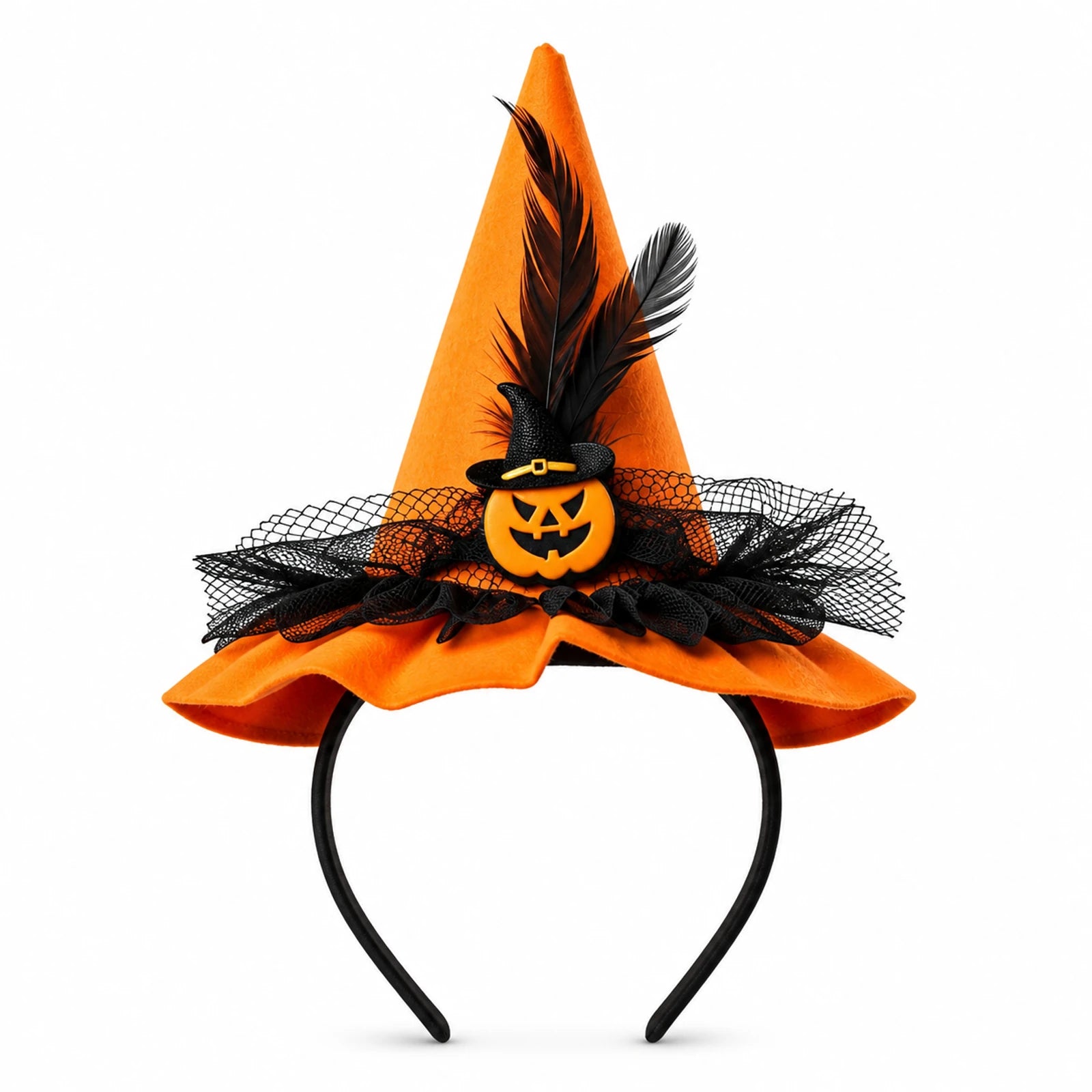 Yetişkinler için turuncu balkabağı figürlü cadı şapkalı lüks Halloween tacı