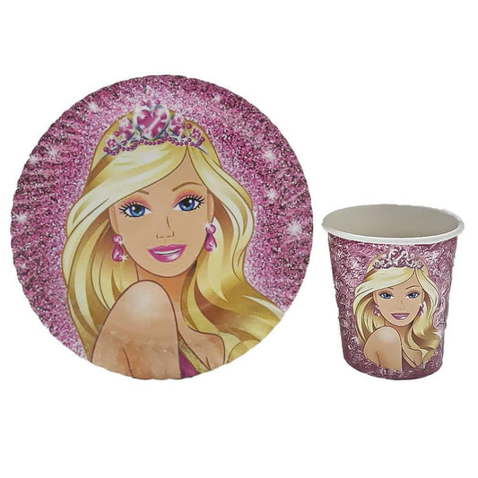 Barbie Prenses Temalı 8 tabak ve 8 bardak doğum günü parti seti