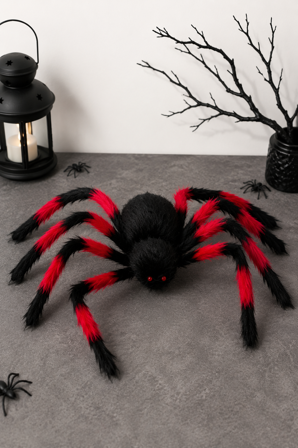 Siyah kırmızı peluş dev Halloween örümcek dekoru