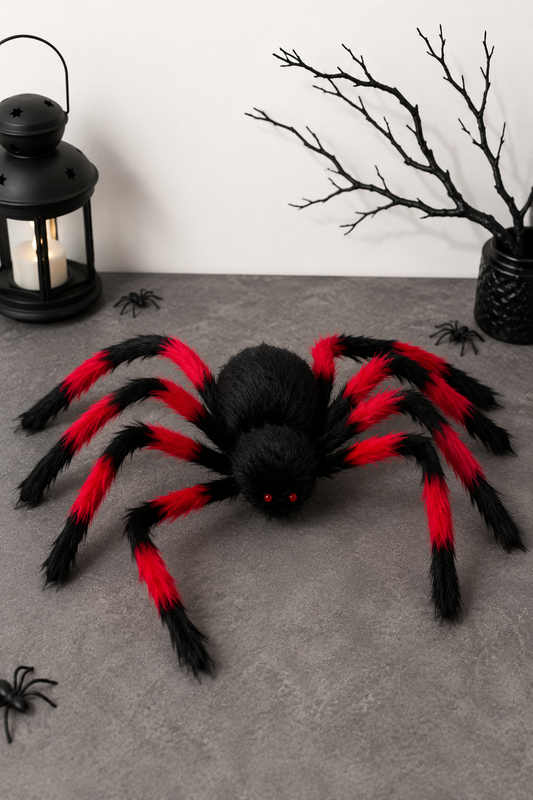 Siyah kırmızı peluş dev Halloween örümcek dekoru