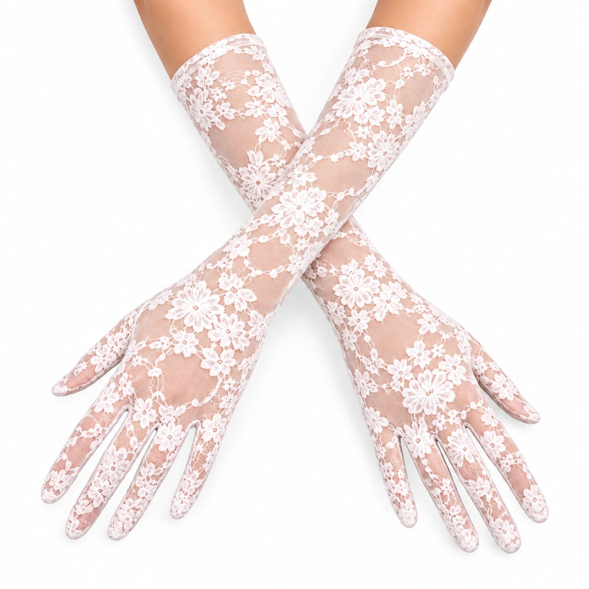 Çapraz kollarda beyaz çiçek desenli 40 cm dantelli eldivenlerin görünümü