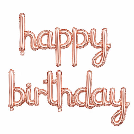 İki parçadan oluşan bronz rose-gold Happy Birthday el yazılı folyo balon.