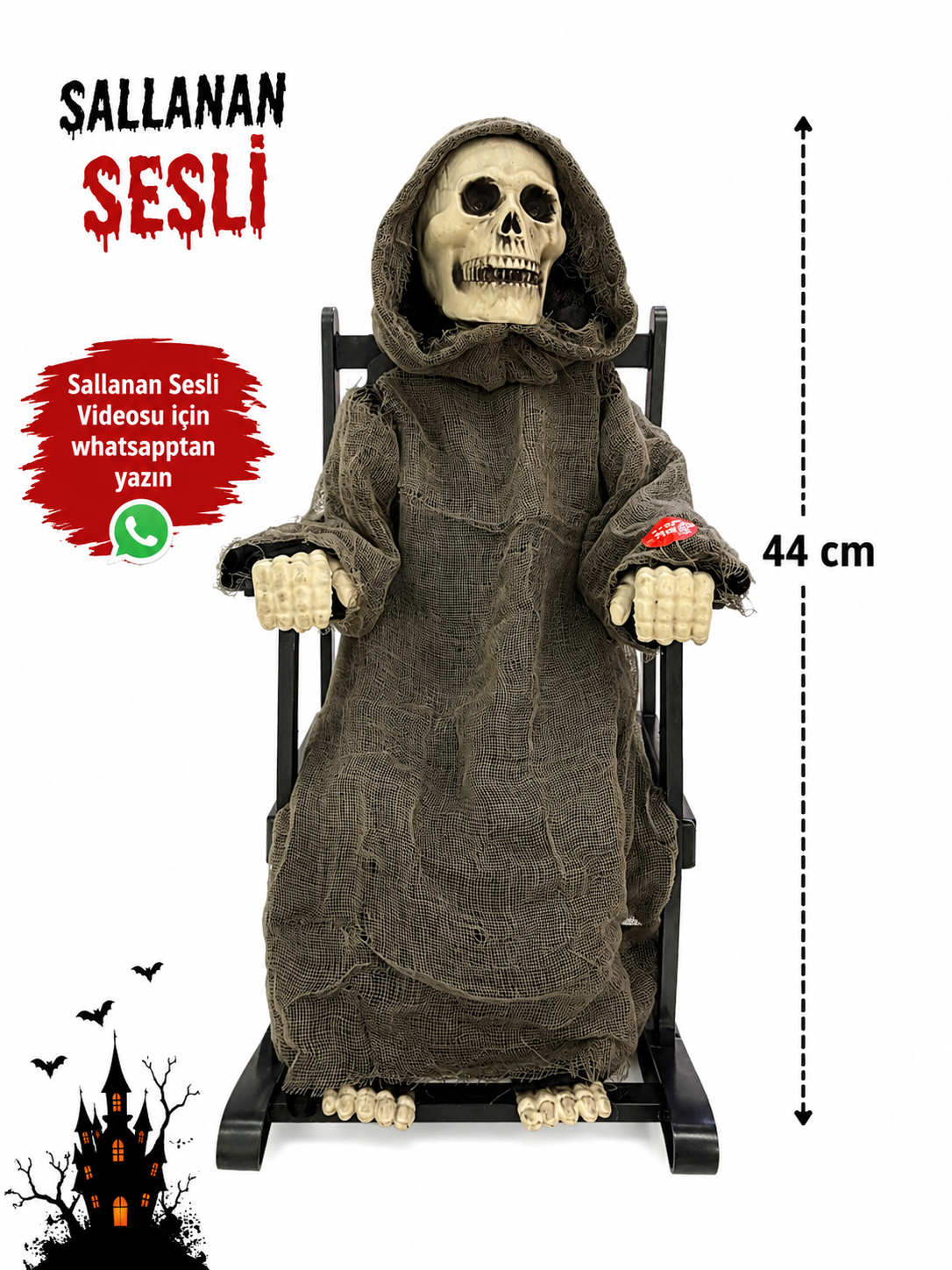Halloween sandalyeli sesli sallanan iskelet dekoru 44 cm
