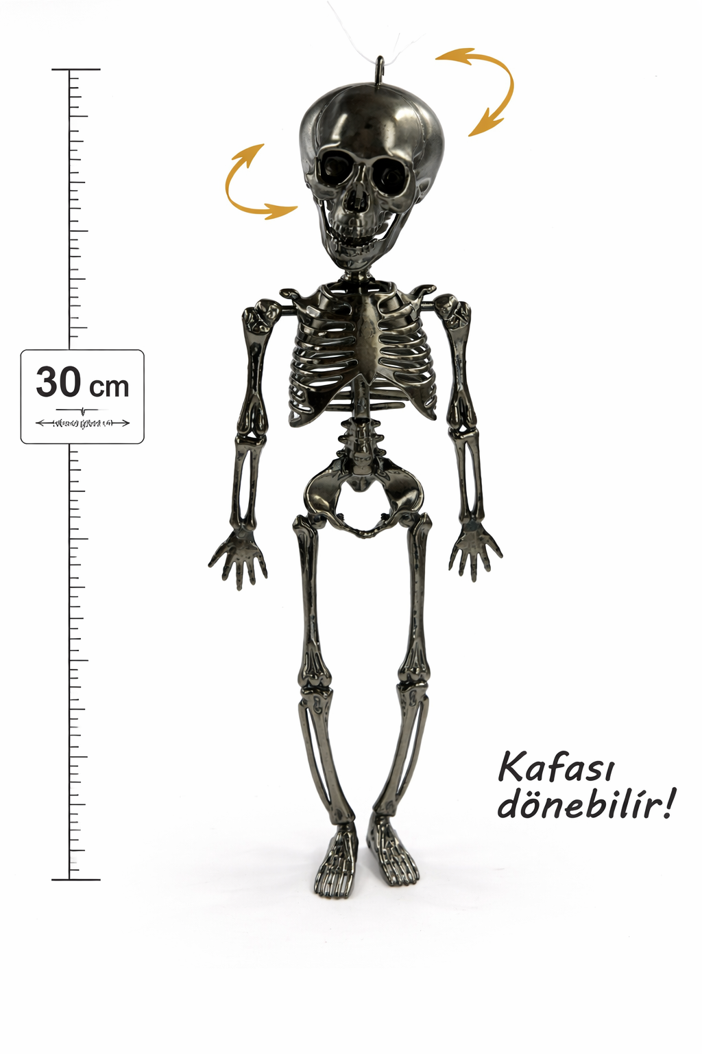 Gümüş 30 cm asılabilir döner kafalı Halloween iskelet süs