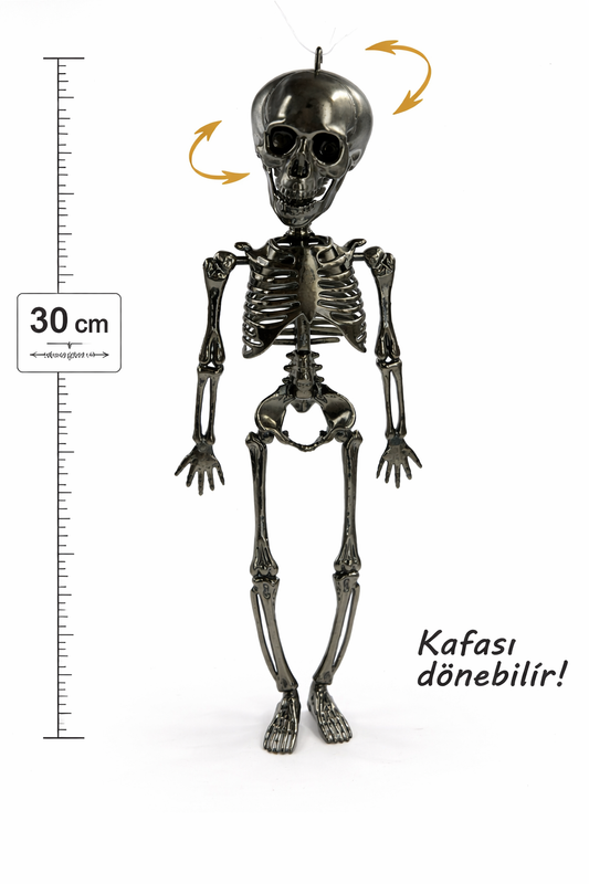 Gümüş 30 cm asılabilir döner kafalı Halloween iskelet süs