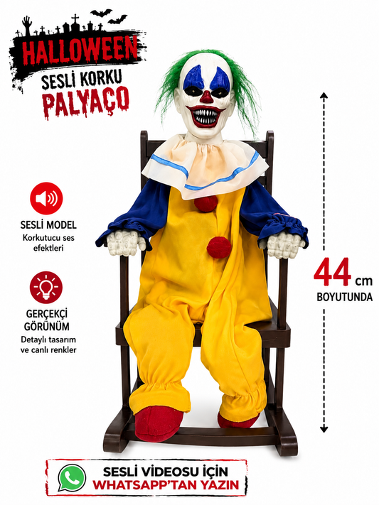Halloween sandalyeli sesli sallanan korku palyaçosu 44 cm
