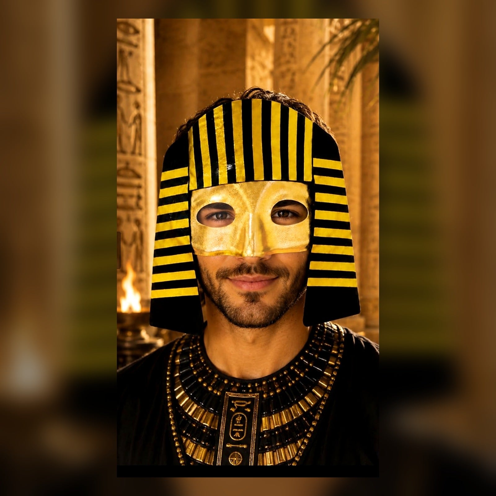 Antik Mısır kostümüyle kullanılan gold siyah firavun maskesi erkek model üzerinde