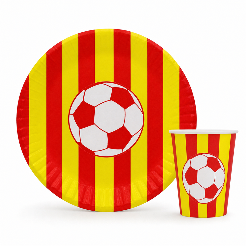 Kırmızı Sarı Futbol Temalı 8 tabak ve 8 bardak doğum günü parti seti