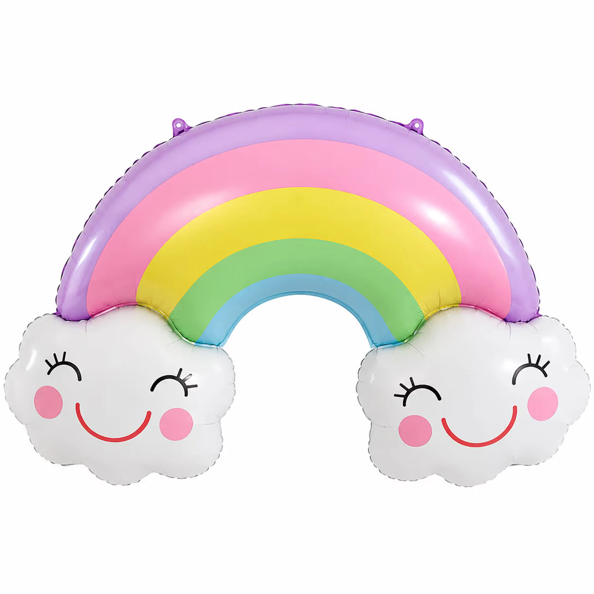 Pastel renkli gökkuşağı ve iki gülen beyaz buluttan oluşan helyuma uyumlu folyo balon.