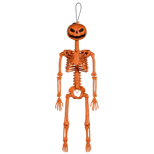 45 cm eklemli turuncu balkabağı kafalı Halloween iskelet dekor
