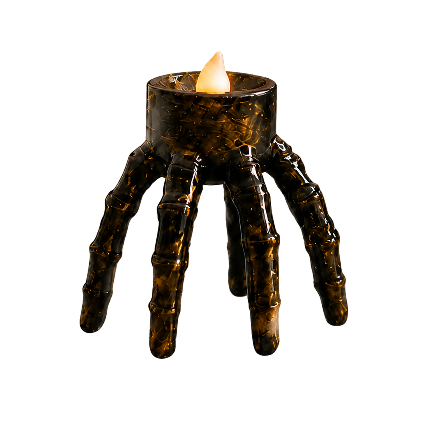 Şeffaf arka planda siyah iskelet el şeklinde Halloween tealight mumluk