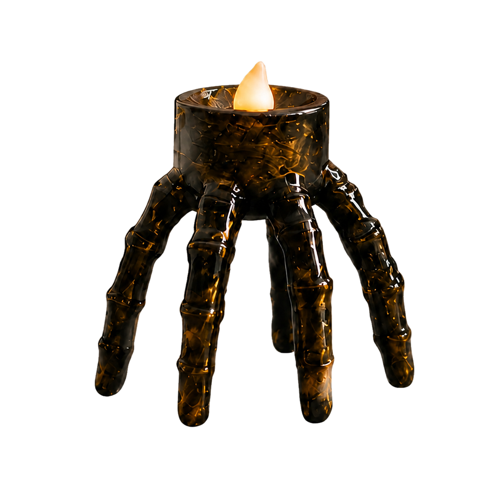 Şeffaf arka planda siyah iskelet el şeklinde Halloween tealight mumluk