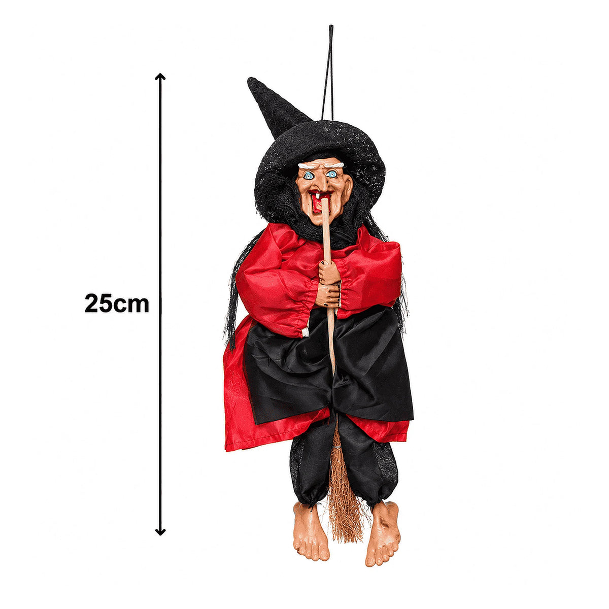 Gözleri ışıklı sesli kırmızı siyah asılabilir Halloween cadı figürü 25 cm