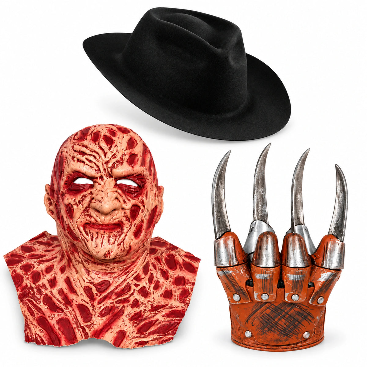 Freddy Krueger 3 parçalı kostüm seti: lateks maske, dört plastik bıçaklı eldiven ve siyah şapka