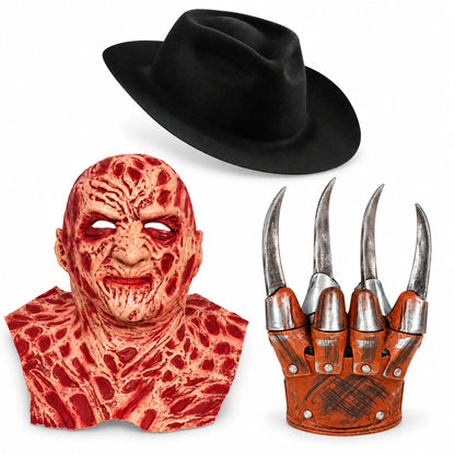 Freddy Krueger 3 parçalı kostüm seti: lateks maske, dört plastik bıçaklı eldiven ve siyah şapka