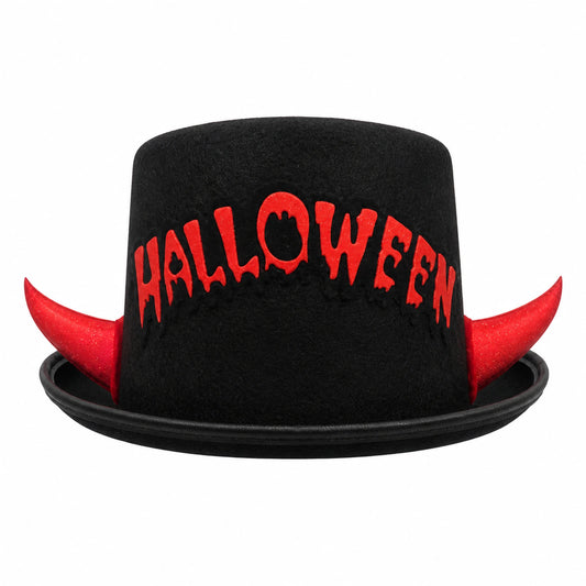 Halloween yazılı siyah keçe, kırmızı boynuzlu yetişkin şeytan şapkası