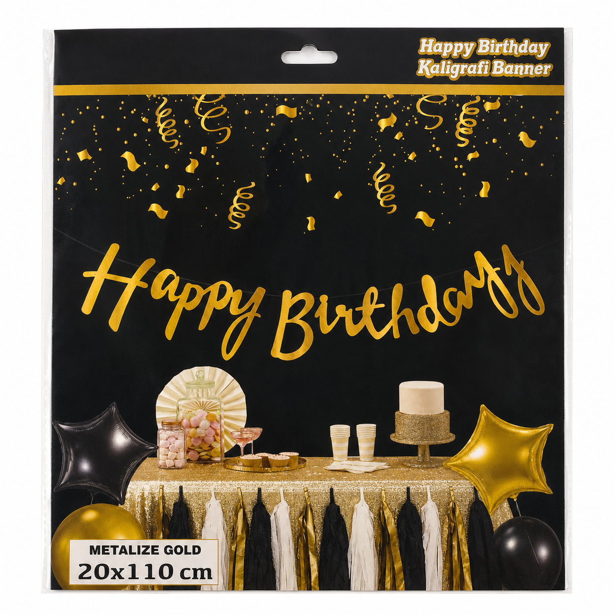 Metalik Gold Happy Birthday Kaligrafi Banner 20x110 cm