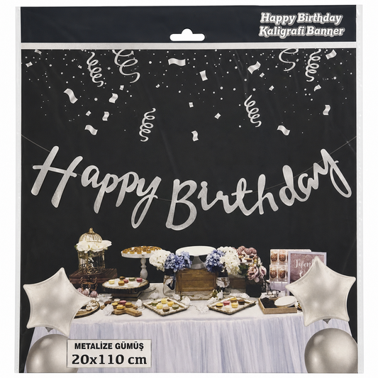Metalik Gümüş Happy Birthday Kaligrafi Banner 20x110 cm