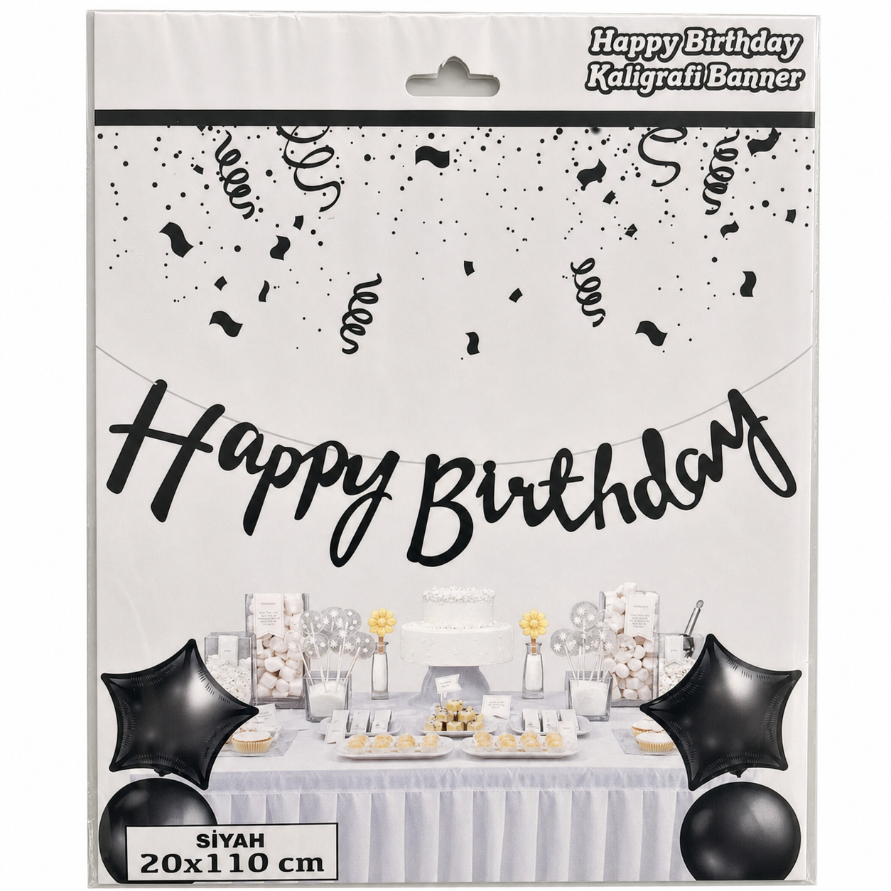 Siyah Happy Birthday Kaligrafi Banner 20x110 cm