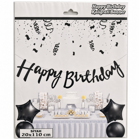 Siyah Happy Birthday Kaligrafi Banner 20x110 cm