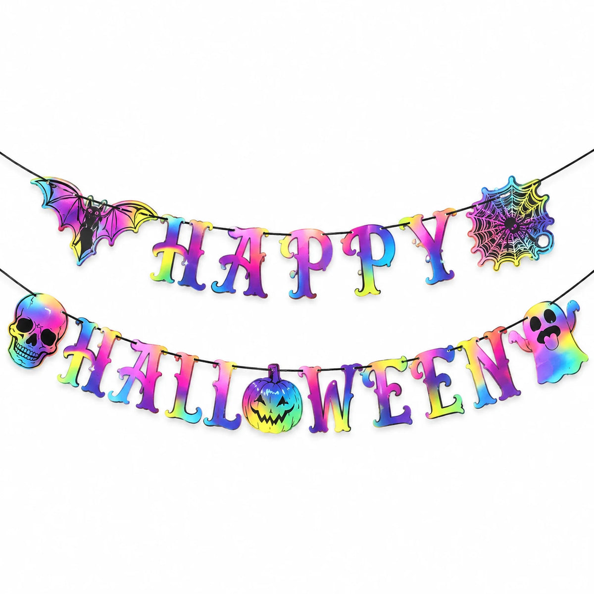 Renkli holografik harfli iki sıralı Happy Halloween yazı bannerı