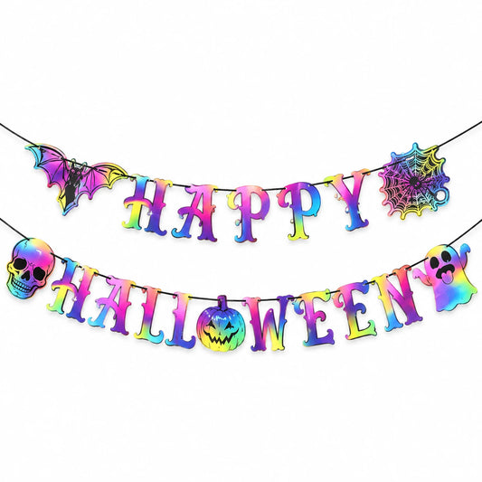 Renkli holografik harfli iki sıralı Happy Halloween yazı bannerı
