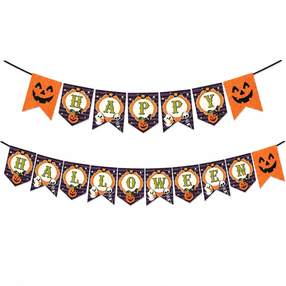 Mor turuncu iki sıralı Happy Halloween yazılı bayrak banner