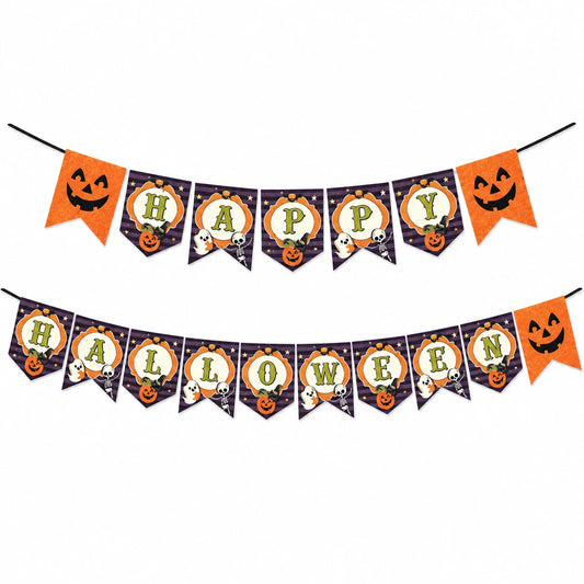 Mor turuncu iki sıralı Happy Halloween yazılı bayrak banner